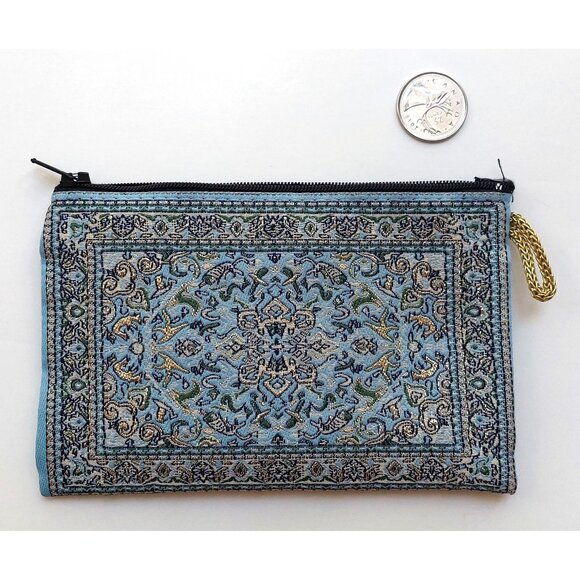 Blue and Gold Embroidered Small Zipper Pouch Wallet Oriental Ornate - Picture 1 of 5